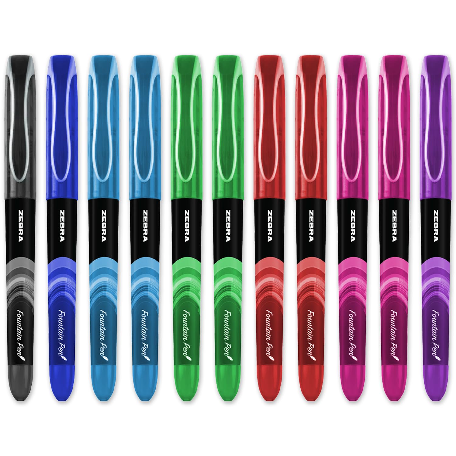 Zebra Fuente - Disposable Fountain Pen - 1.0mm Fine Nib 0.6mm Line Width - Black, Blue, Light Blue, Green, Red, Pink, Violet Ink - Pack of 11