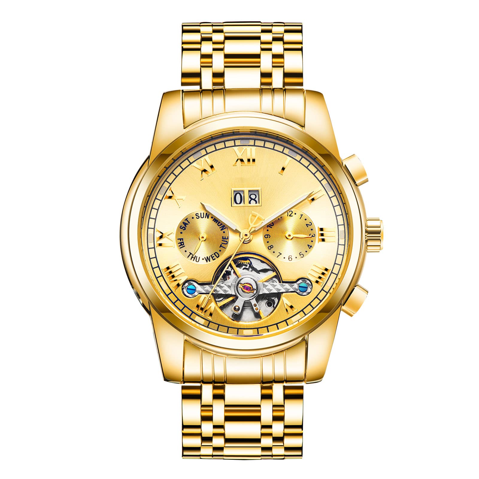 RORIOS Business Men Tourbillon Automatic Mechanical Watch Stainless Steel Calendar Luminous Pointer Multifunctions Wrist Watch