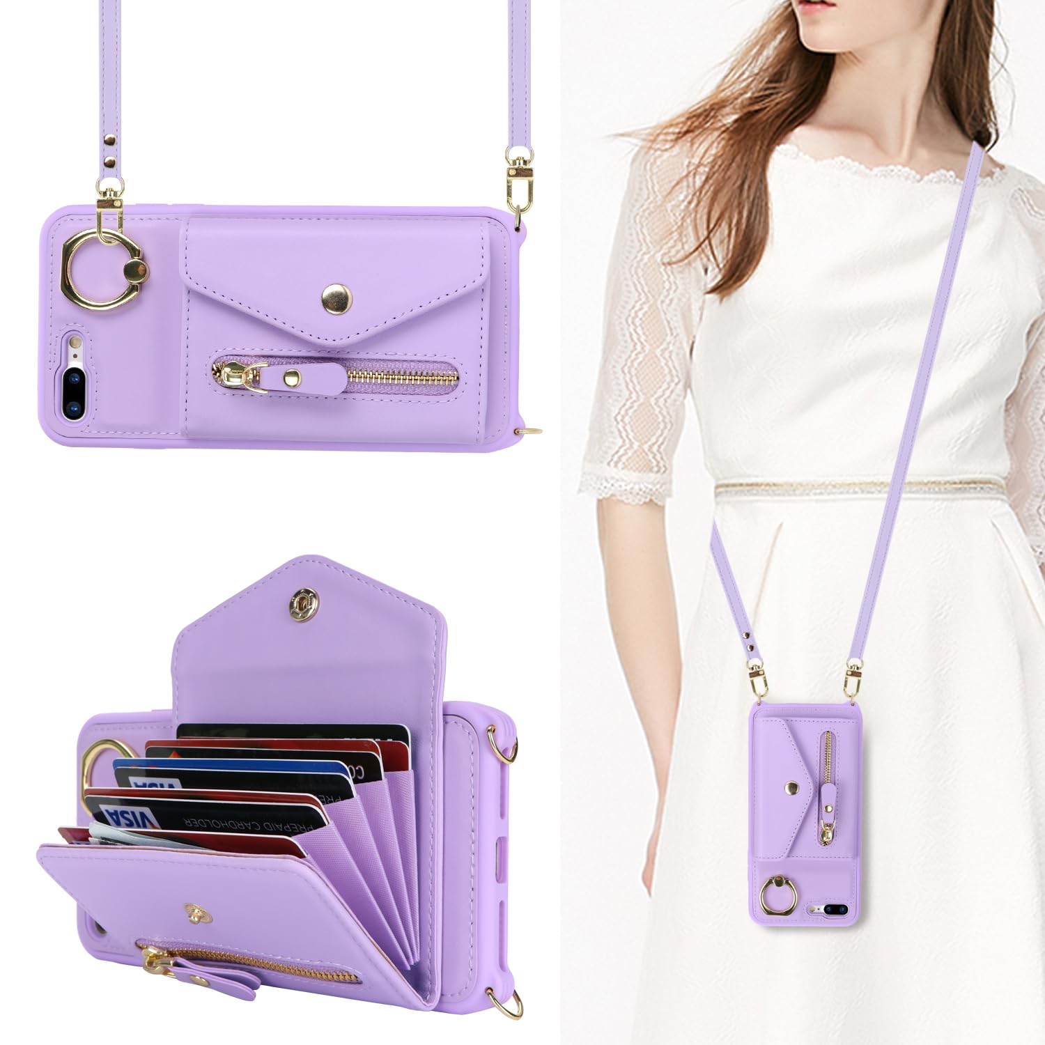 SailorTech iPhone 7 Plus/8 Plus Case with Zipper Credit Card Holder, Leather Case Ring Stand with Card Slots Kickstand Wallet Crossbody - Purple