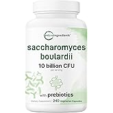 Saccharomyces Boulardii 10 Billion CFU with Prebiotic Inulin, 240 Capsules | Gut, Immune &amp; Digestive Health Support*, 2-in-1 Probiotic &amp; Prebiotic Blend with Inulin from Chicory Root, Non-GMO