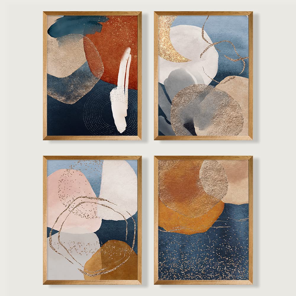 YUMKNOW Boho Abstract Wall Art, Unframed 8x10 Set of 4, Mid Century Modern Wall Decor for Living Room, Minimalist Wall Art Prints, Boho Wall Decor for bedroom, Aesthetic Posters, Gold Blue Art Office