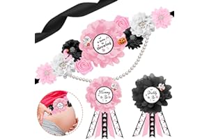 JOYMEMO Pink Black Halloween Baby Shower Maternity Sash and Corsage Pin Set, A Baby is Brewing Belly Belt, Mom to Be & Dad to Be Corsage, Pregnancy Gender Reveal Party Photo Props Gift for New Parents