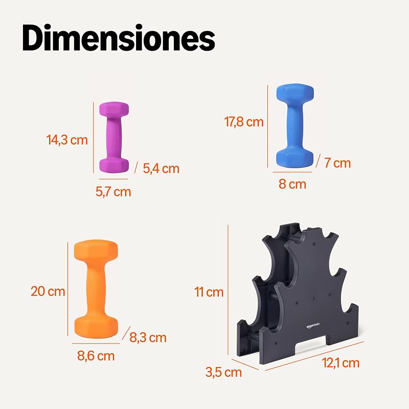 Amazon Basics - Conjunto de halteres de neoprene com suporte, Pack de 3 (1 kg, 2 kg, 3 kg), Multicolor