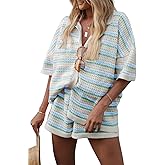 Saodimallsu Womens Striped Pajama Sets Short Sleeve Color Block Crochet Knit Button Top and Shorts 2 Piece Summer Sets