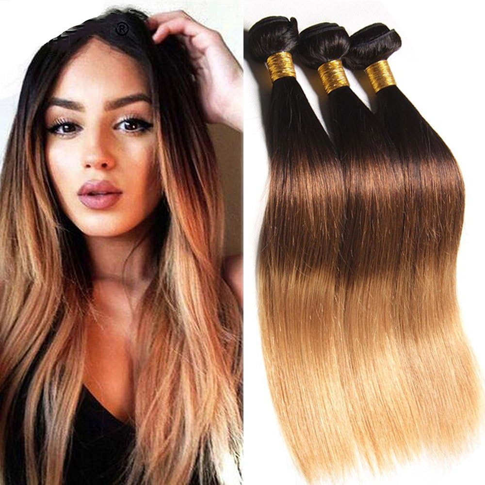 Hairitory Brazilian Ombre Straight Human Hair Bundles T1B/4/27 100% Unprocessed Virgin Remy Hair 3 Tone Hair Bundles Weave So Soft No Smell (ST-121416+10)
