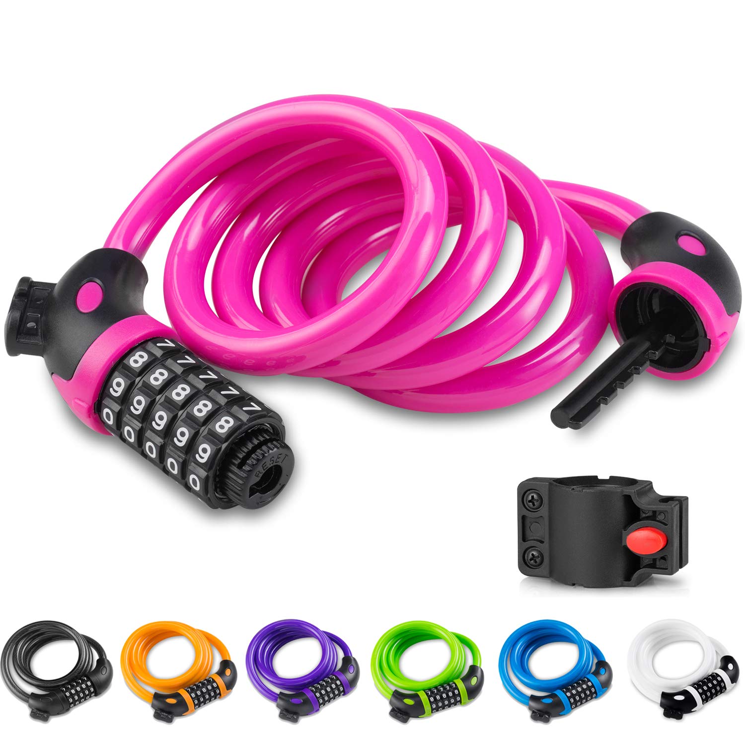 Opaza Bike Lock with 5-Digit Code, 1.2 m/4 ft Bicycle Lock Lightweight & Security Combination Cable Lock for Bicycle, Mountain Bike, Scooter - Pink