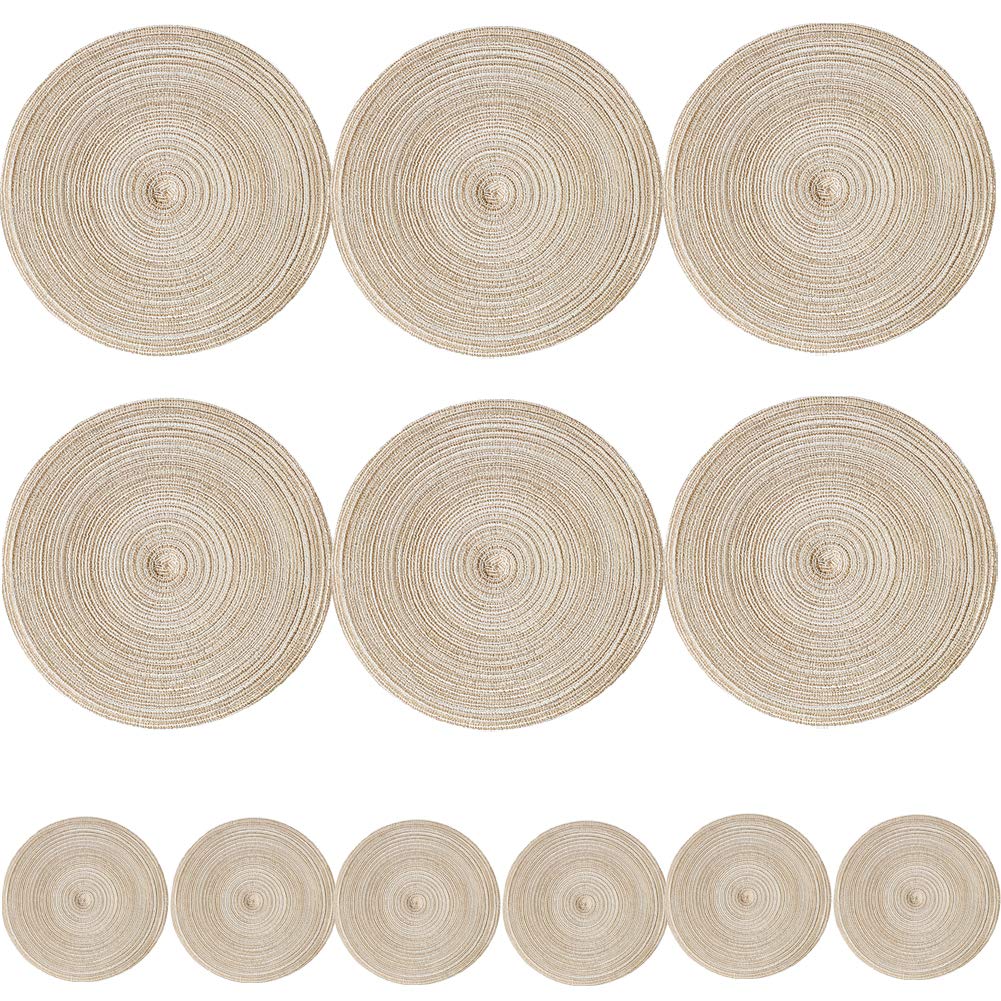 TEERFU 12PCs Round Woven Placemats,Table Place Mats and Coasters Sets - Non slipHeat Resistant Washable Tableware Round Dining Table Mats