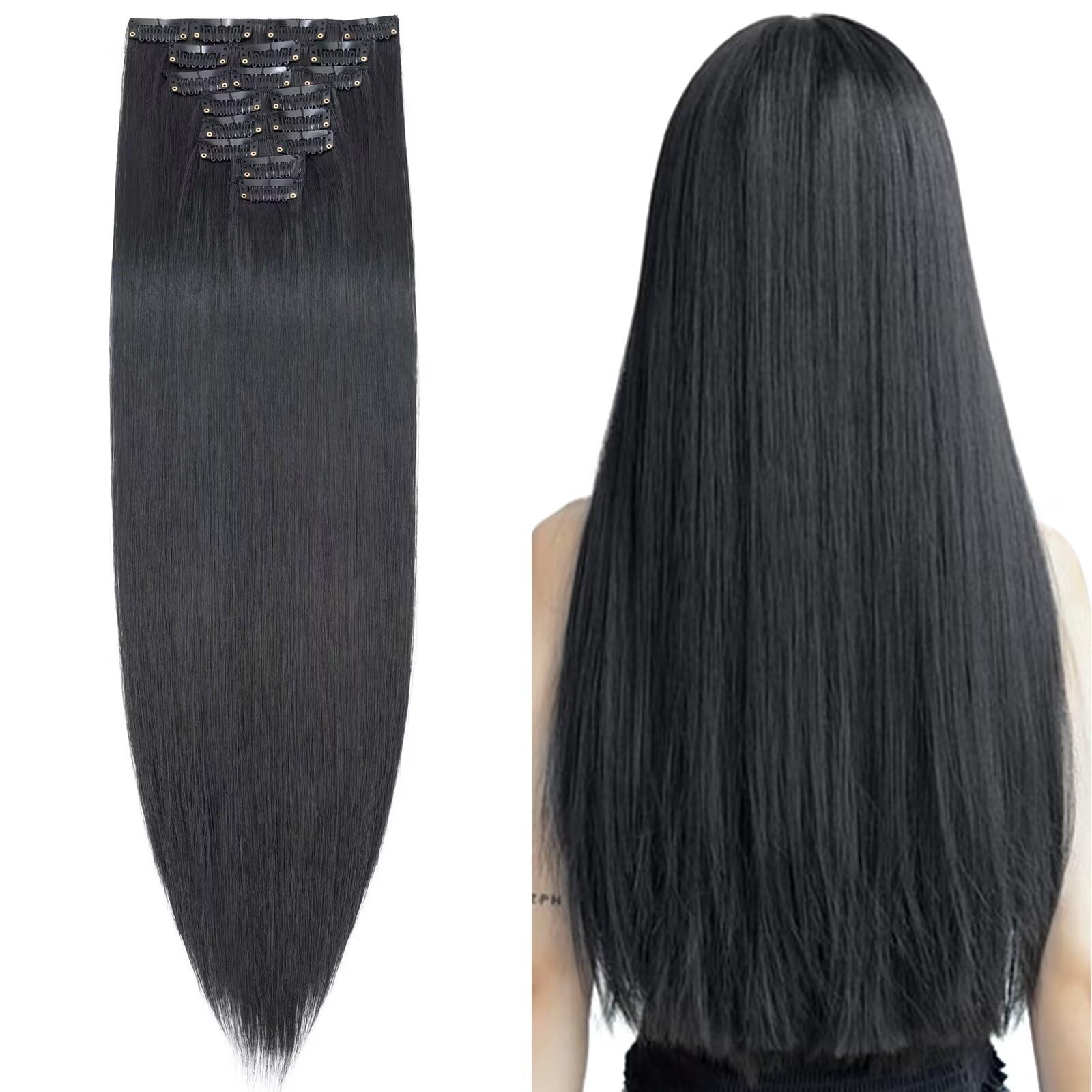 8PCS Hairpiece Clip in Hair Extensions -Jet Black 24inch Long Straight Synthetic Hair Piece for Full Head