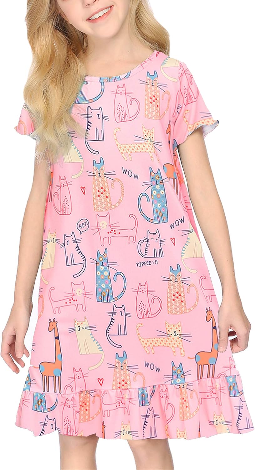 Arshiner Girls' Sleepwear Long Sleeve Cat Nightgown Nightie