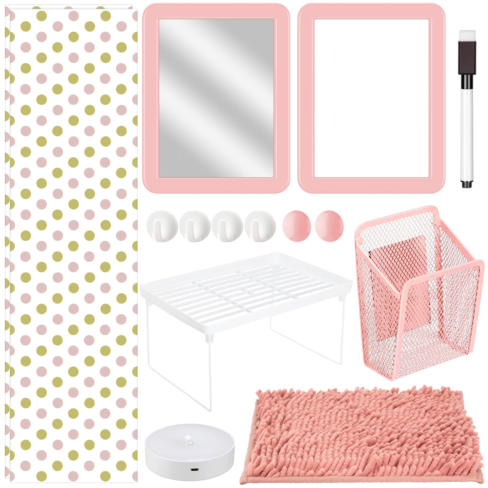 Photo 1 of Chuangdi 17 Pcs Locker Organizer and Decorating Kit Back to School Essentials Magnetic Locker Shelf Wallpaper Mirror Whiteboard Dry Erase Marker Rug Locker Accessories for Girls(Pink)