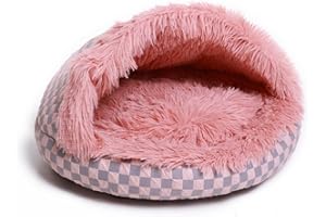 FADEYJ Cat Bed Hooded Plush Nest with Self-Warming Cozy Cave, Calming Anti-Anxiety Pet Bed for Indoor Cats & Small Dogs, Removable Washable Cover & Waterproof Bottom - Pink
