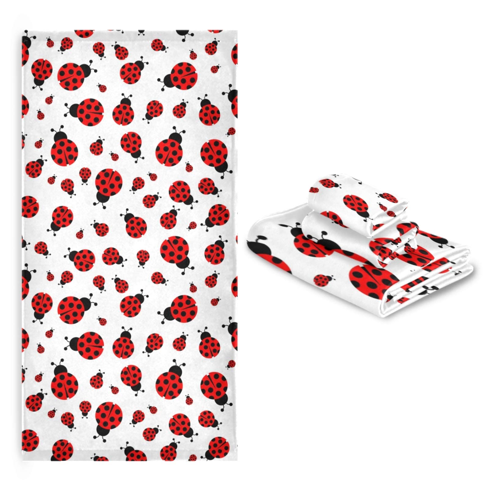 Naanle Cute Cartoon Ladybug Pattern Soft Luxury Decorative Set of 3 Towels, 1 Bath Towel+1 Hand Towel+1 Washcloth, Multipurpose for Bathroom, Hotel, Gym, Spa and Kitchen