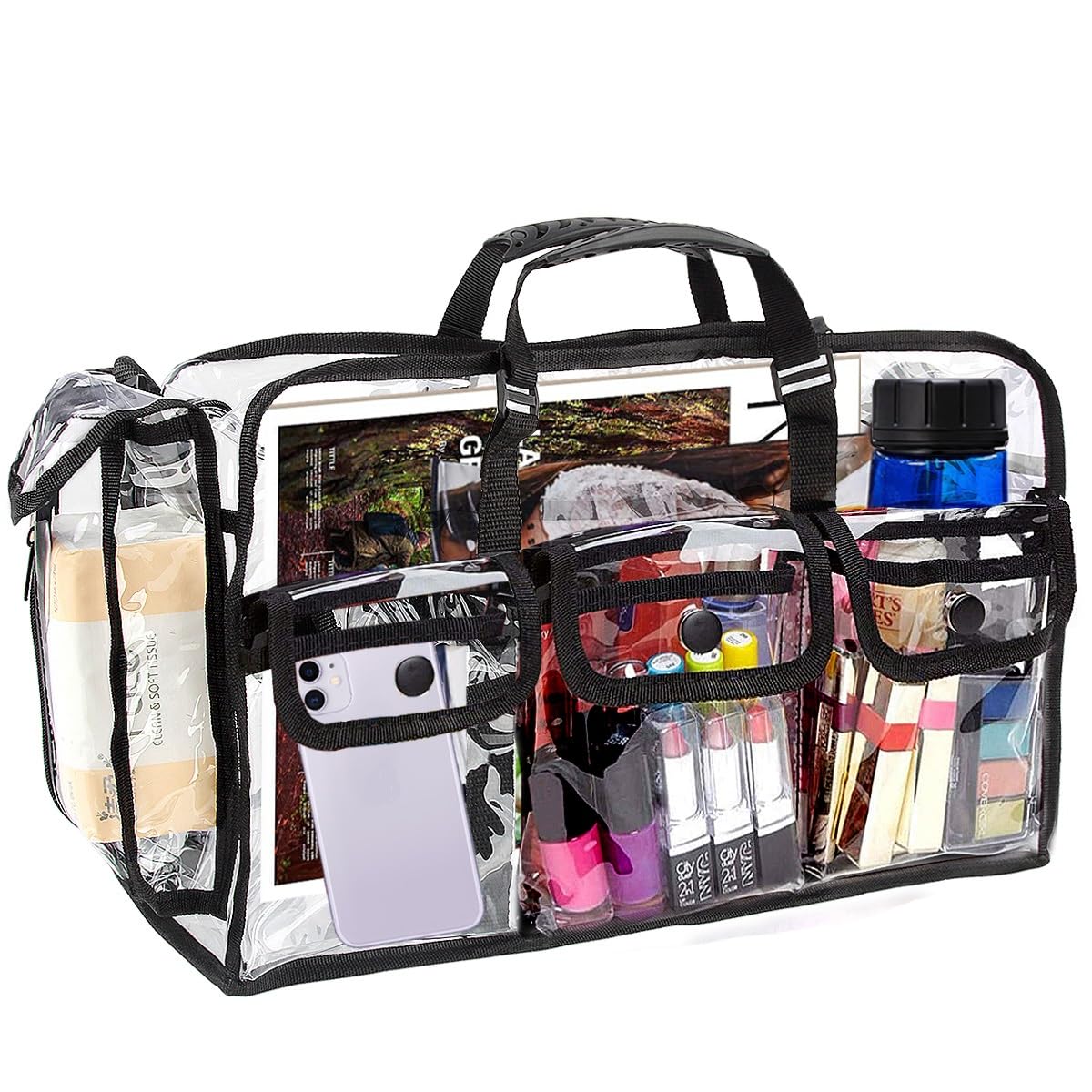 M MUNCASO Clear Tote Bag Large Toiletry Bag Transparent Bag Clear Crossbody Bag with Adjustable Shoulder Strap and Zipper Closure, Perfect for Work, Sports Games, Concert (Black#2)
