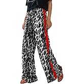 Charfille Women's Casual Pants Drawstring Leopard Print Color Block Side Striped Straight Leg Wide Leg Loose Pants (1-a-Grey, XL)