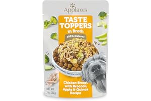 Applaws Taste Toppers, Natural Dog Food Topper, 12 Count, Limited Ingredient Meal Topper for Dogs, Chicken with Broccoli, Apple, & Quinoa in Broth, 3oz Pouches