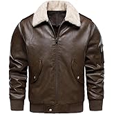 HOOD CREW Men’s Faux Leather Aviator Bomber Jacket with Fur Collar Warm Fleece Lined Biker Jackets Vintage Winter Coats