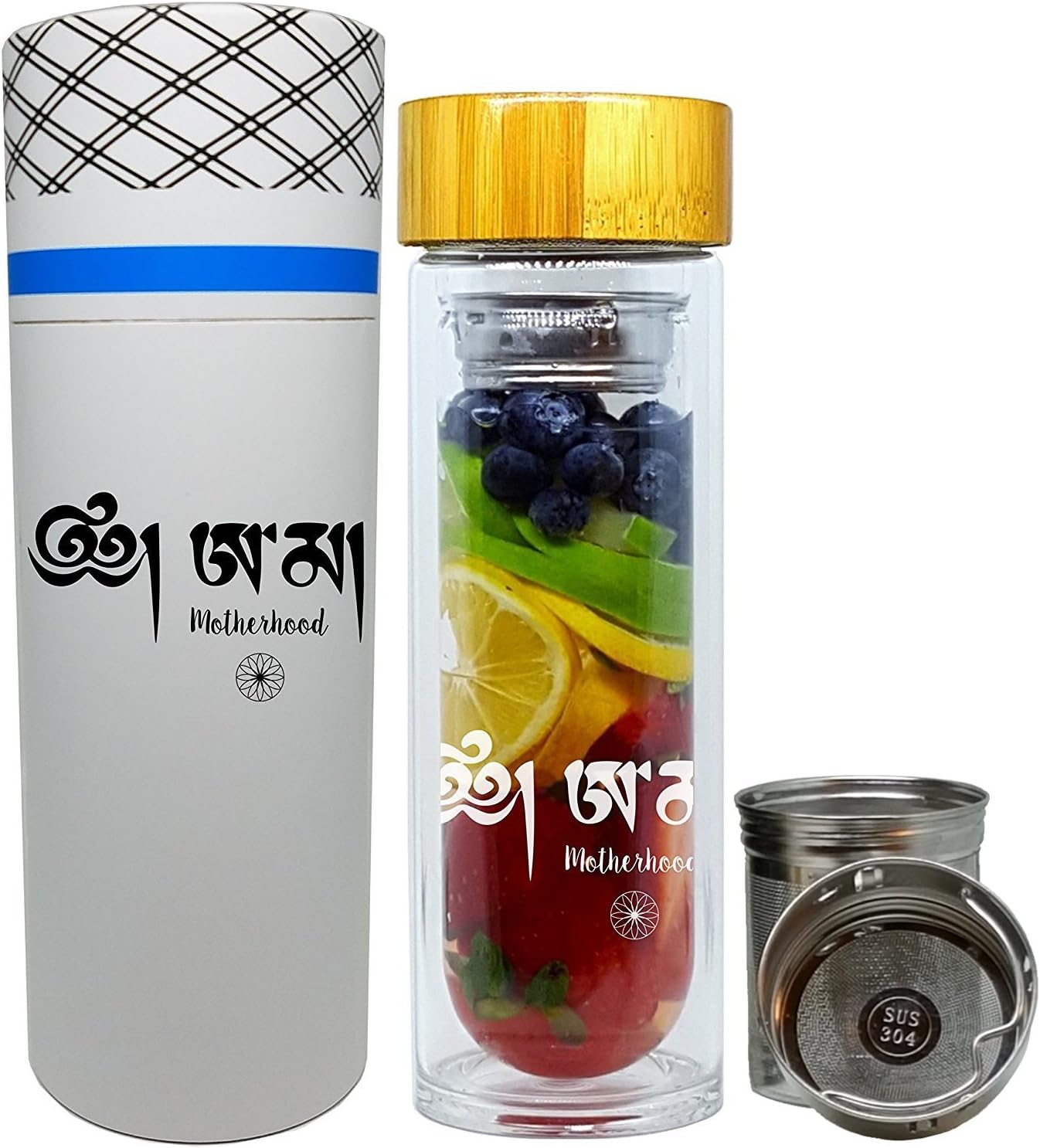 Original NALU TIBET -"Motherhood"- Perfect Mom Gift - Tea Infuser Tumbler, Fruit Infusion Glass Bottle & Coffee Brewer with Filter 15.8oz
