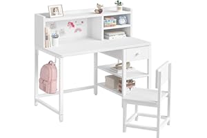 BOLUO White Kids Desk and Chair Set for 6-12 Year Old, Children Study Desk with Hutch and Storage Shelf, Student Writing Table with Fabric Drawer for Girls Boys