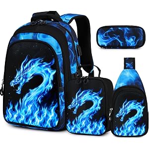 Similove Backpack for Boys, 4PCS Cool Flame School Bags | with Sling Bag, Lunch Box & Pencil Case for Kids, Bookbag for Boys