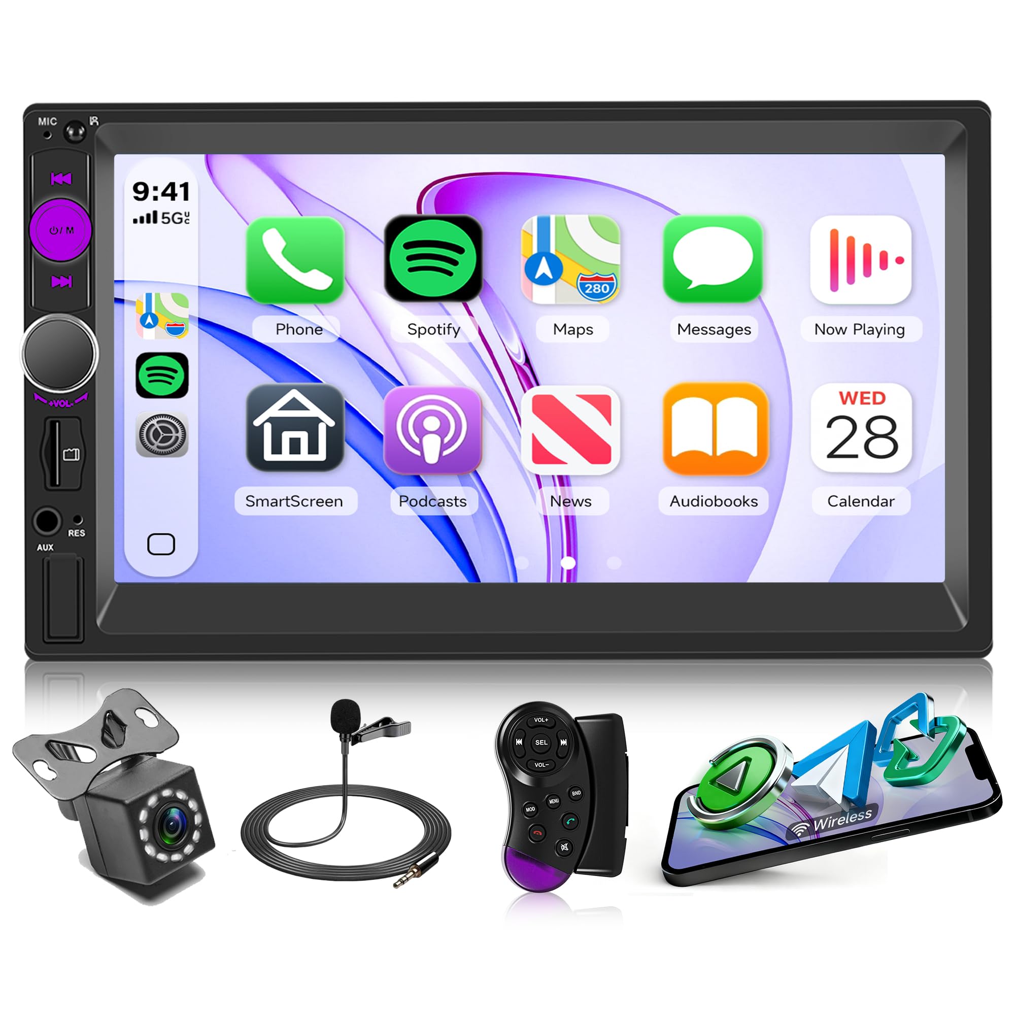 Rimoody Wireless CarPlay Double Din Car Radio, 7 Inch HD Capacitive Touchscreen with Wireless Android Auto, Mirror Link, Bluetooth 5.3, SWC, USB/TF/AUX, EQ, UI Remote Control + HD Backup Camera