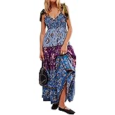 ABYOVRT Women Floral Maxi Dress Tie Shoulder Patchwork Smocked Flowy Boho Dress with Pockets Summer Vacation Sundress