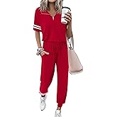 MASCOMODA 2 Piece Outfits for Women 2026 Summer Casual Quarter Zip Short Sleeve Tops Long Pants Tracksuit Jogger Lounge Sets