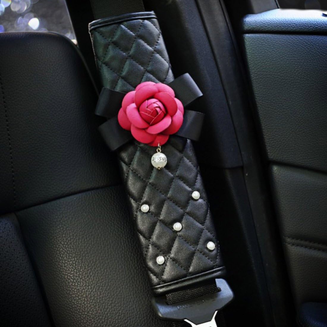 Wishlanlan 1 Pcs Auto Car Seat Belt Cover Rose and Pearls Decorate Seat Shoulder Pad Cushion Strap Covers (Red Rose)
