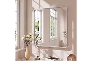 JISOSO Brushed Nickel Bathroom Mirror 36x36 Inch, Brushed Silver Metal Frame Mirror Wall Mounted, Rounded Bathroom Vanity Mirror, Tempered Glass, Anti-Rust, Horizontal/Vertical