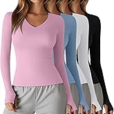 Oakgarden 4 Pack Women's Compression Yoga Shirts with Thumb Holes Slim Fit Long Sleeve V Neck Tops Workout Gym Athletic Top