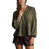 Lentta Women's Lace-Detail Suede Flared Blouse Long Sleeve Crew Neck Swing Babydoll Tops Elegant Intricate Mesh Loose Shirts