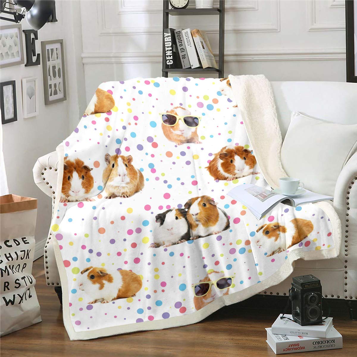 Guinea Pig Fleece Throw Blanket for Girls & Boys - Kids' Cute Cavy Sherpa Blanket, Decorative Cartoon Lovely Pet Animal Plush, Colorful Polka Dots, Fuzzy, 50x60 Inch
