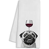 FTKBGHY Funny Wine Pug Kitchen Towels, Pug Lovers Mom Gifts, Dog Lovers Mom Dad Gifts Decorative Dish Hand Tea Towels for Kitchen Home Bar Decor, Wine Lover Gift, 16x24 Inch