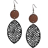 MINACHI Bohemian Hollow Cut-Out Wood Leather Dangle Drop Earrings, Boho Chic Hippie Statement Jewelry Gift for Women