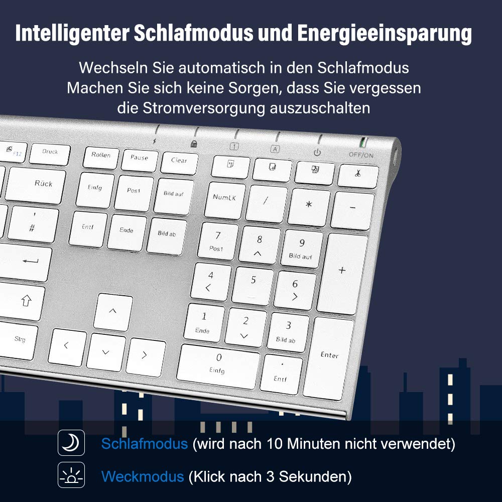 Sonkir Tastatur und Maus, K-18 2,4GHz ultradünne wiederaufladbare Aluminium-Tastatur in voller Größe für Windows, Laptop, PC, Notebook (Silber)