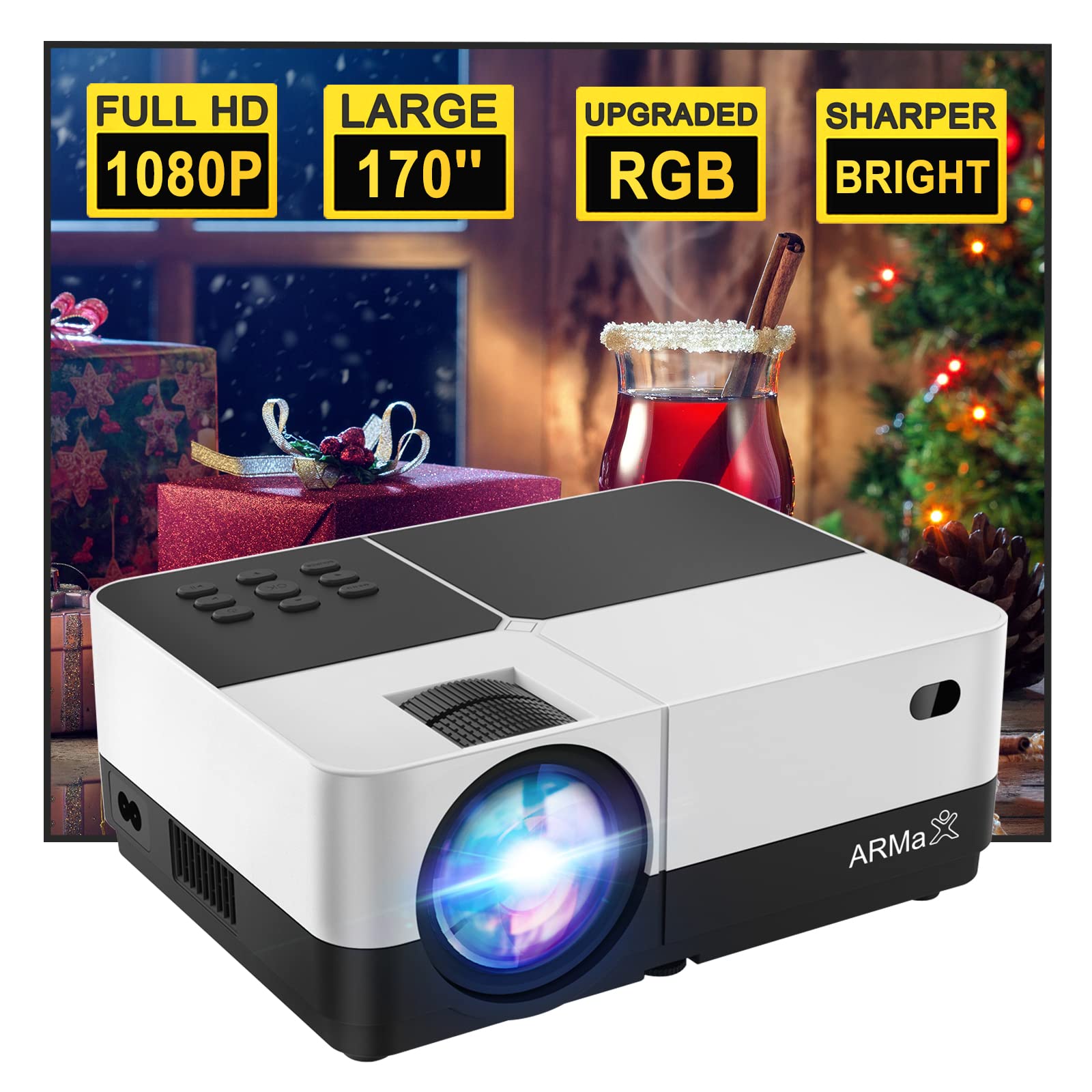 Video Projector, ARMAX Movie projector with Full HD 1080P & 170'' Display Supported,Protable Projector for Outdoor & Indoor with 40000 hrs LED Lamp Life,Compatible with TV Stick,HDMI,VGA,USB