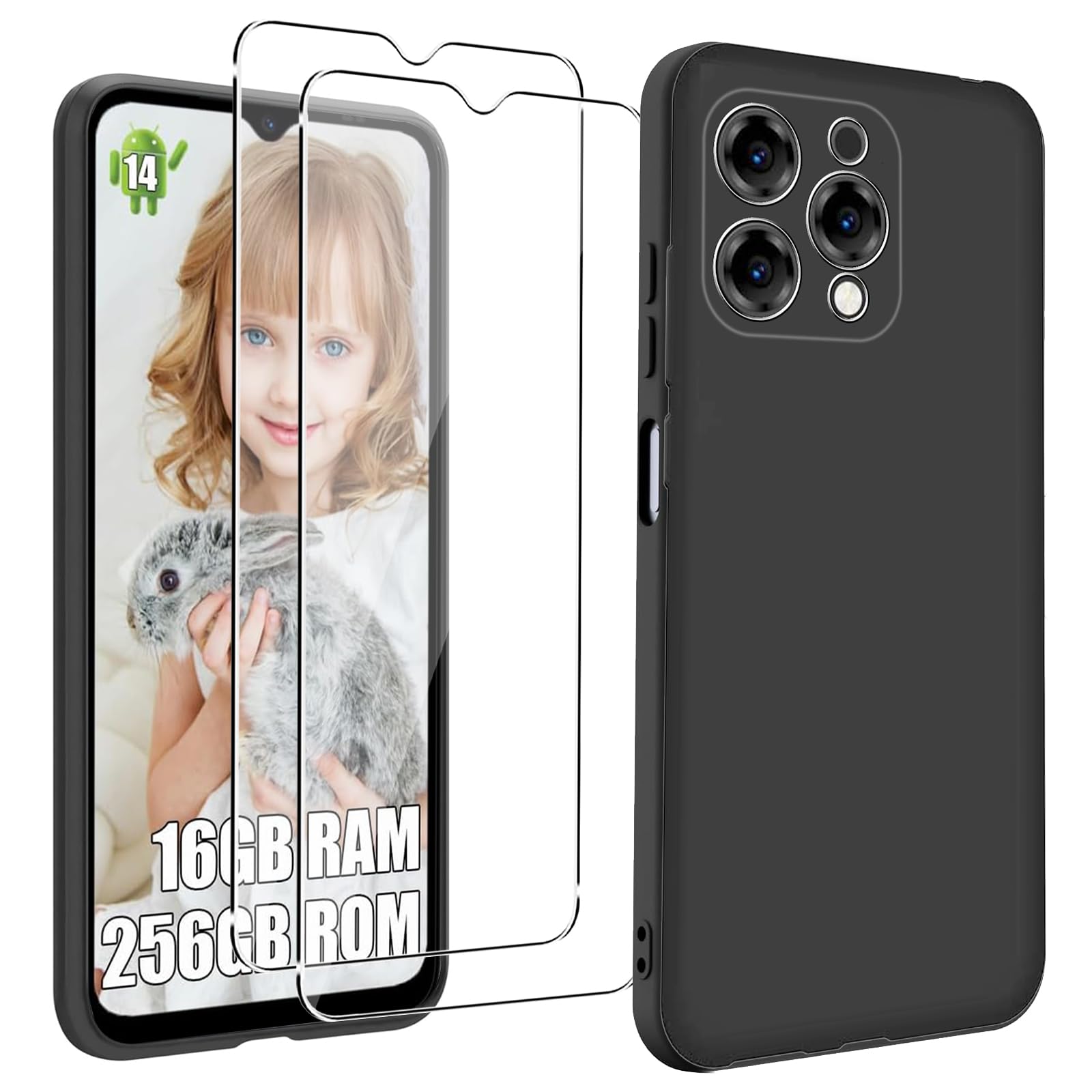 KZIOACSH Case for DOOGEE N55 Pro, Flexible Ultra Slim Drop Protection Anti-Scratch Rugged Phone Cover Silky-Soft Touch Matte TPU Shockproof Bumper Cover with 2 Tempered Glass Screen Protector Black