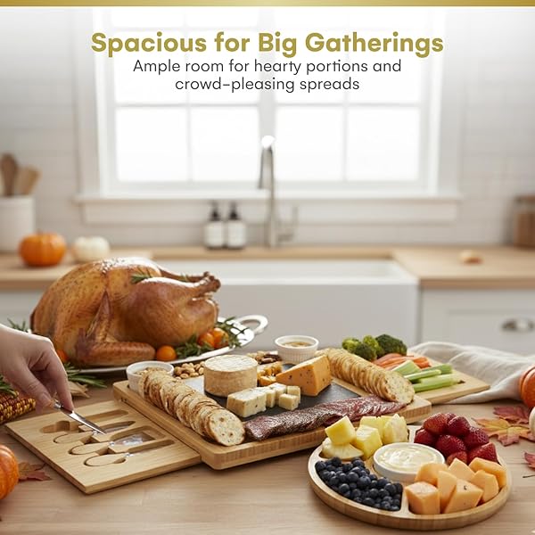 CHARCUTERIE BOARD GIFT SET, EXPANDABLE BAMBOO CHEESE BOARD WITH STAINLESS STEEL SERVING UTENSILS, CERAMIC BOWLS, APPETIZER AND SERVING TRAYS, UTENSIL TRAYS – HOUSEWARMING 2 DRAWERS