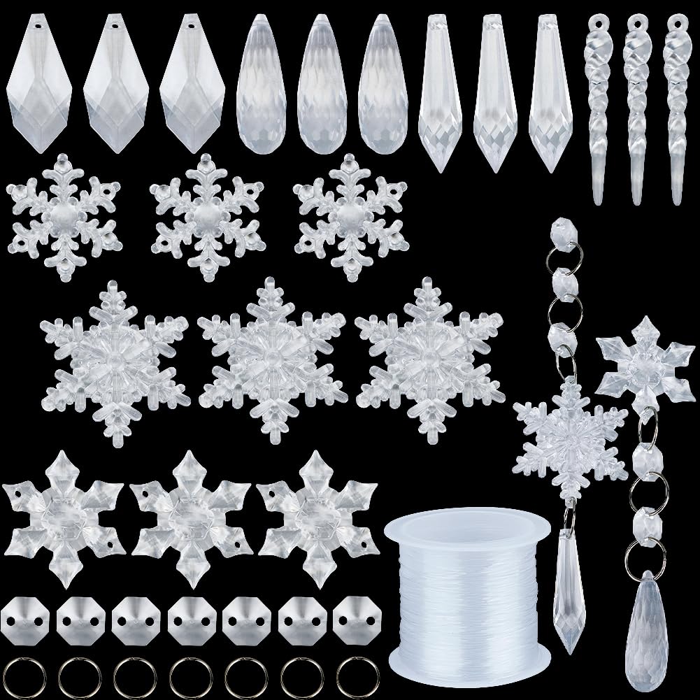 SUNNYCLUE 1 Box 192pcs 7 Styles Christmas Tree Decoration Crystal Ornaments Hanging Acrylic Christmas Snowflake Icicle Drop Teardrop Charm for jewellery Making Charms Finding DIY Necklace Earring