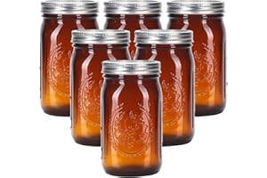 eleganttime Amber Glass Mason Jars 32 oz Wide Mouth with Airtight Lids and Bands 6 Pack Large Glass Canning Mason Jars Quart,Great for Canning Jar Pickle Fermenting Jam Jar