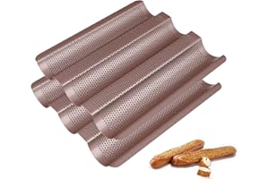 TOPZEA 2 Pack French Bread Baking Pan 11.25" x 9.5", Carbon Steel 3 Waves Perforated Baguette Pan Loaf Bake Mold Toast Cookin