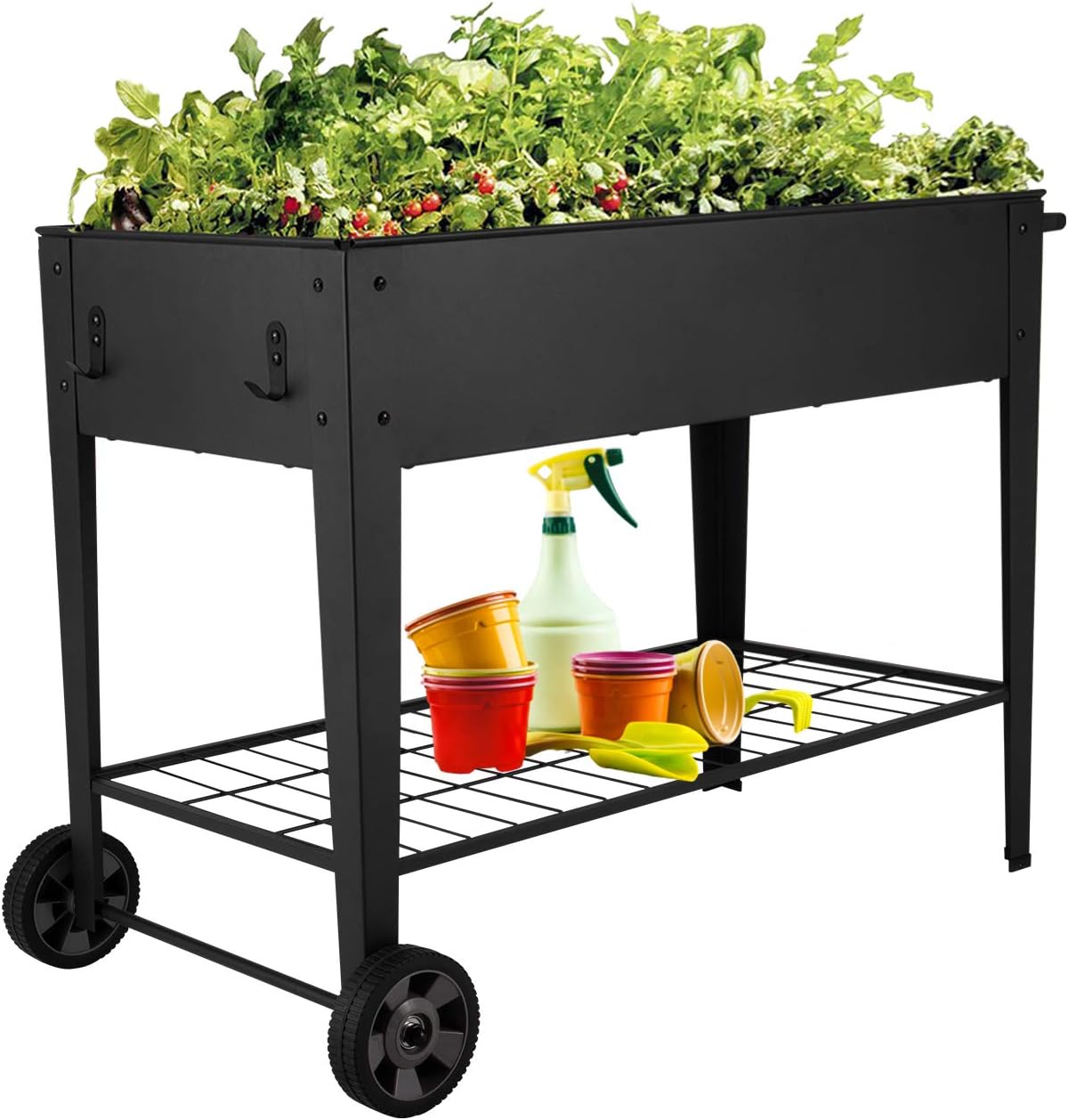Kinsuite 12 Grids Pocket Herb Garden Bed Raised Planter Flower Box Elevated Metal with 2 Wheels&Storage Shelf for Vegetable Tomato Herbs Gardening, Removable Shelves