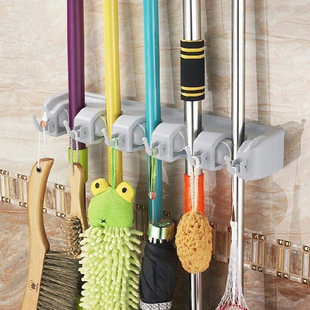 Gearmax® Wall Mounted Brush Broom and Mop Holder/Magic Holder Storage Tidy Organiser 5 Positions 6 Hooks Wall Rack