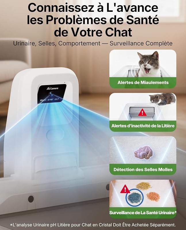 PUROBOT Crystal Duo Litiere Chat Autonettoyante avec Caméra IA | Espace Ouvert，Contrôle Via App, avec Capot, Surveillance de Santé, Double Désodorisation, Convient aux Grands Chats