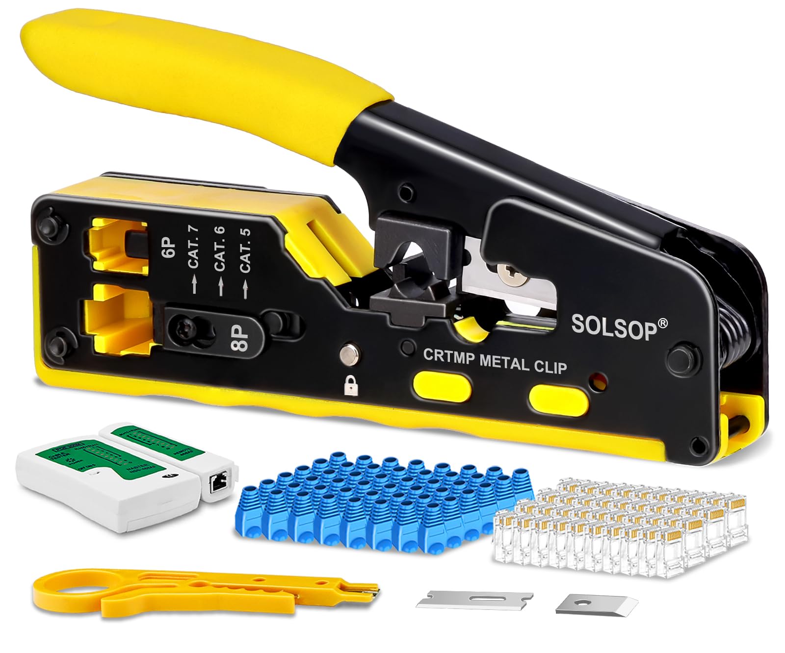 Photo 1 of Solsop Pass Through RJ45 Crimp Tool Kit All-in-One Ethernet Crimper Cat7 Cat6 Cat5 Crimping Tool with Network Cable Tester, 50-Pack Cat6 RJ45 Pass Through Connector, 50-Pack Connector Boots