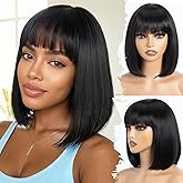 Farblick Bob Wig Human Hair With Bangs Wear and Go Glueless Wig Human Hair 12inch Straight Wig 180% Density Black Wig With Bangs for Women