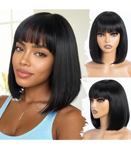 16 Inch Straight Human Hair Wig with Bangs, Lightweight Daily Wear Amazon.com : Ruiyu Straight Human Hair Wigs with Bangs 180  main image 2