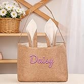 Artiglow Custom Easter Bunny Basket with Embroidered Name for Girls Boys, Personalized Easter Basket Tote Bags with Rabbit Ears for Egg Hunts, Spring Party Decorations Supplies Candy Gifts Burlap Bag