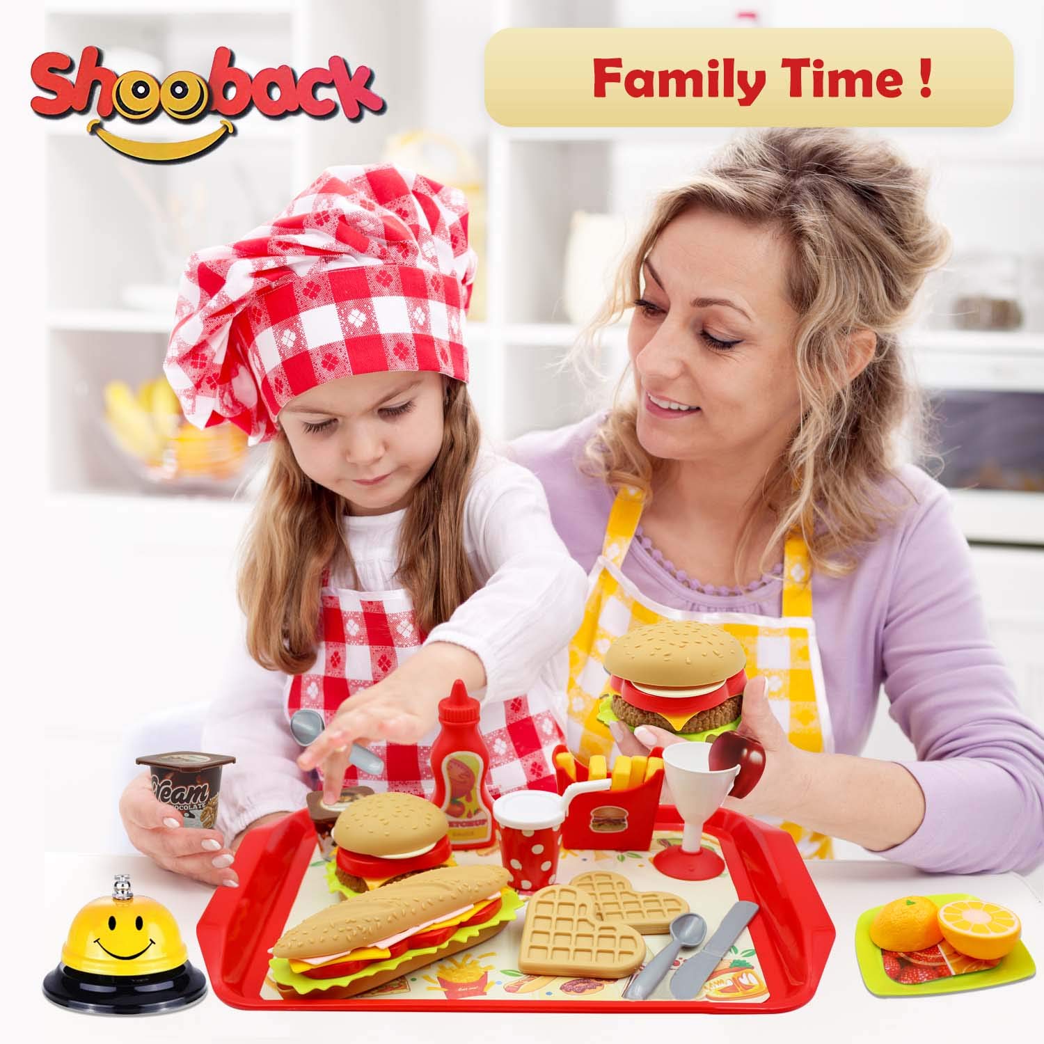 Shooback Play Kitchen Accessories, Pretend Kitchen Sets Kids Play Food, Children Toy Food Play, Fake Food for 3,4,5,6,7,8 Year Old and Up, Gift Game for Girls, Kids, Toddlers with Smile Dinner Bell