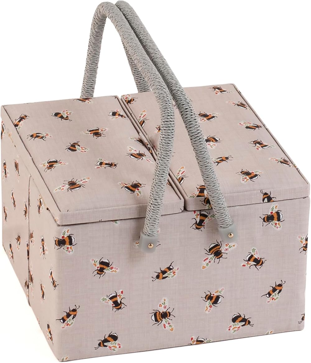 Hobby Gift Large Sewing Box Twin Lid with Handle Cotton Basket Bees 25x25x17cm