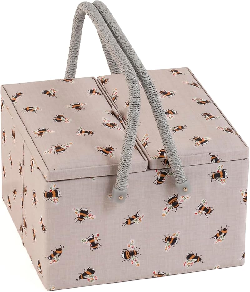 Hobby Gift Large Sewing Box Twin Lid with Handle Cotton Basket Bees 25x25x17cm